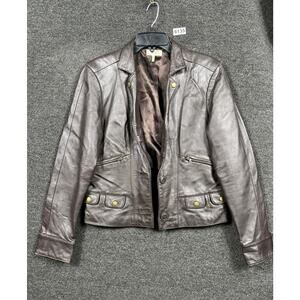 Metro 7 Genuine Leather Jacket Womens 10 Chocolate Gold Studs Button Biker *READ